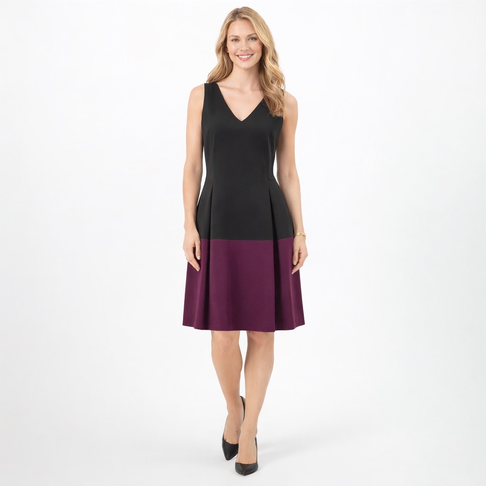 Tommy Hilfiger Colorblock V Neck Fit Flare Dress‎ Black Plum Career Size 12